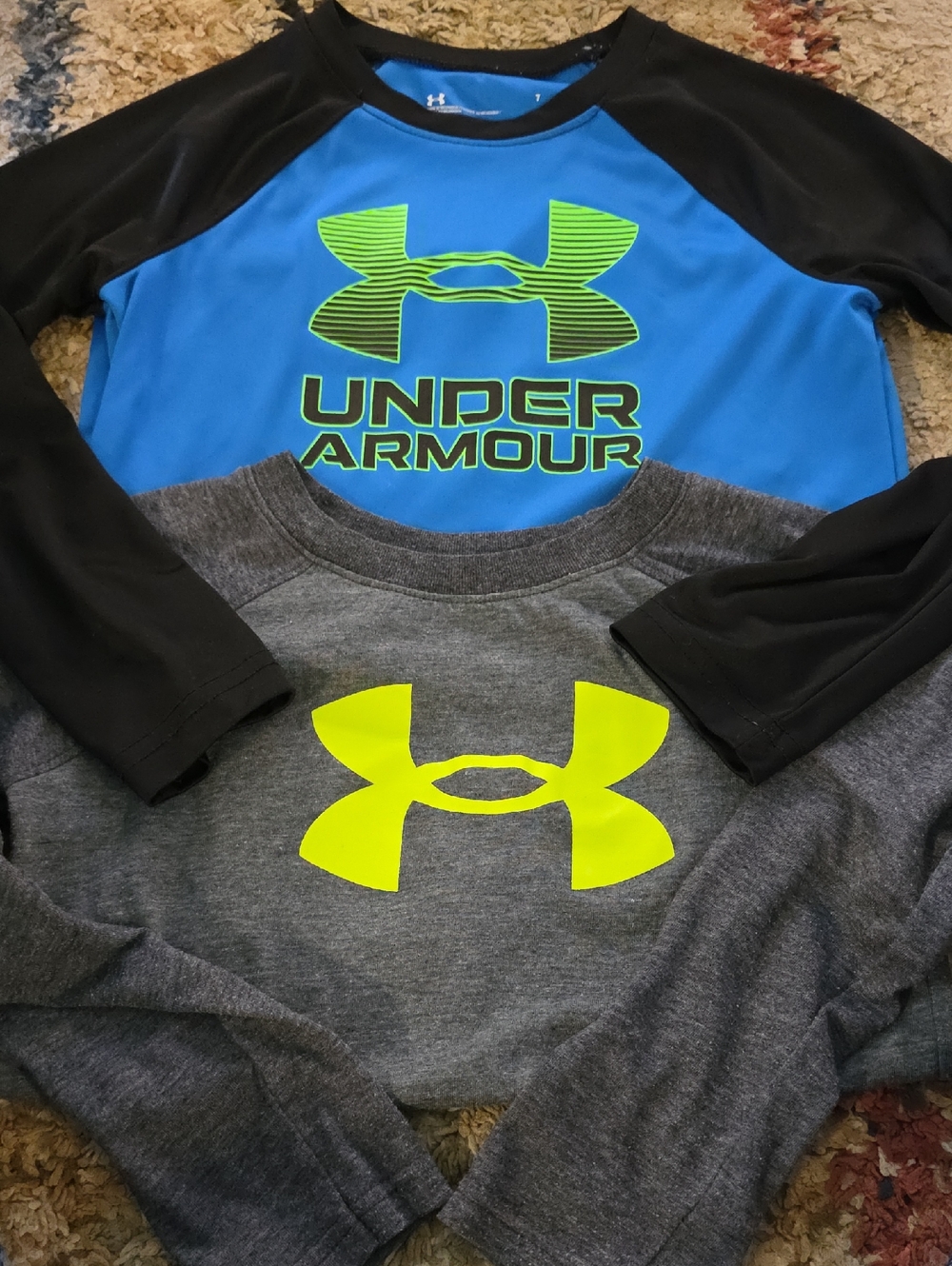 Under Armour Blue & Gray Long-Sleeve Logo Tees with Neon Yellow Accents